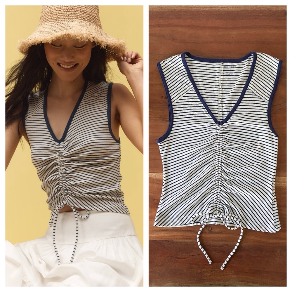 Anthropologie Navy and White Striped Ruched Tank